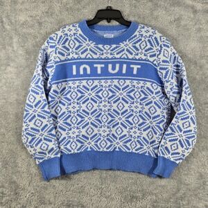 Intuit Mens Fair Isle Snowflake Holiday Sweater Blue White Logo‎ Size Large